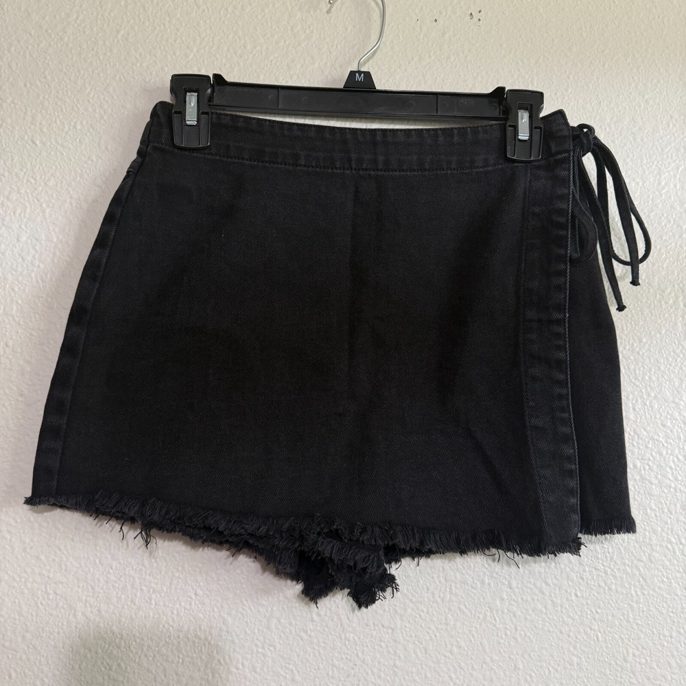 Rewash Wrap Tie Skirt Skort Womens‎ 1 Black Denim Raw-Edge Hemline Classic